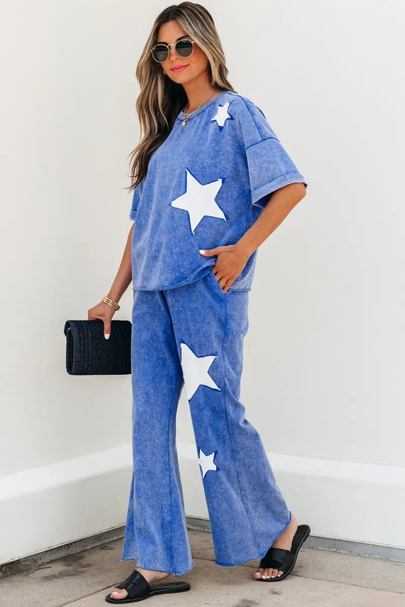 Ashleigh Blue Acid Wash Star Patched Rolled Trim Pants Set - Love Salve